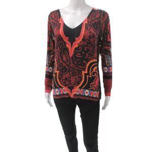Etro Women Pullover Sweater Multicolor Paisley V-Neck Long Sleeve Knit Size 42
